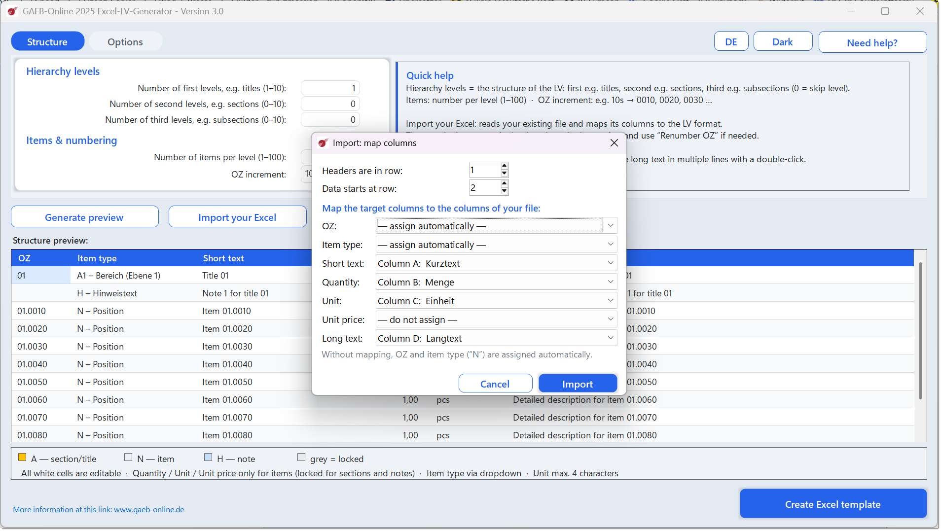 Excel BoQ Generator: mapping dialog when importing your own Excel file – assign columns to target fields OZ, item type, short text, quantity, unit, unit price, long text
