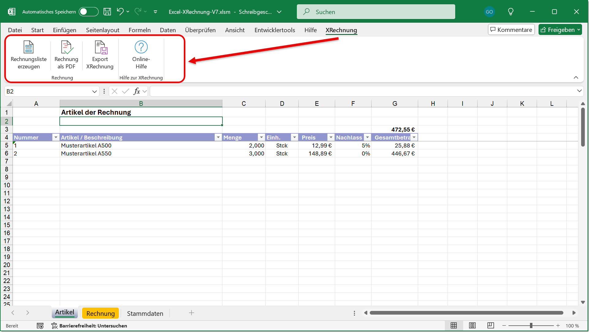  <strong>Excel Vorlage fr eine XRechnung</strong> Artikelliste