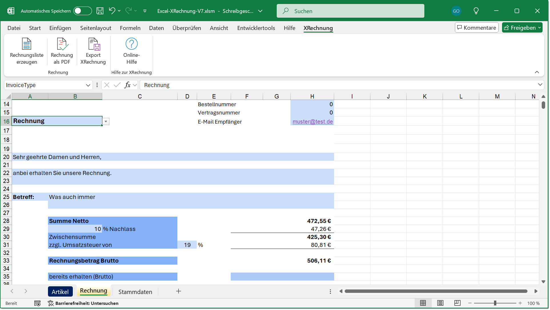  <strong>Excel Vorlage fr eine XRechnung</strong> - Rechnungsformular
