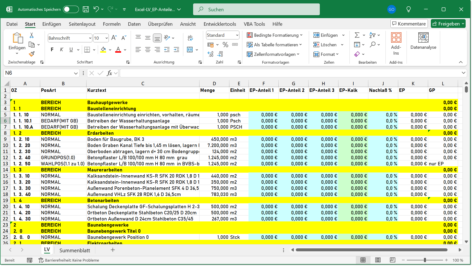 GAEB Kalkulationsblatt in Excel