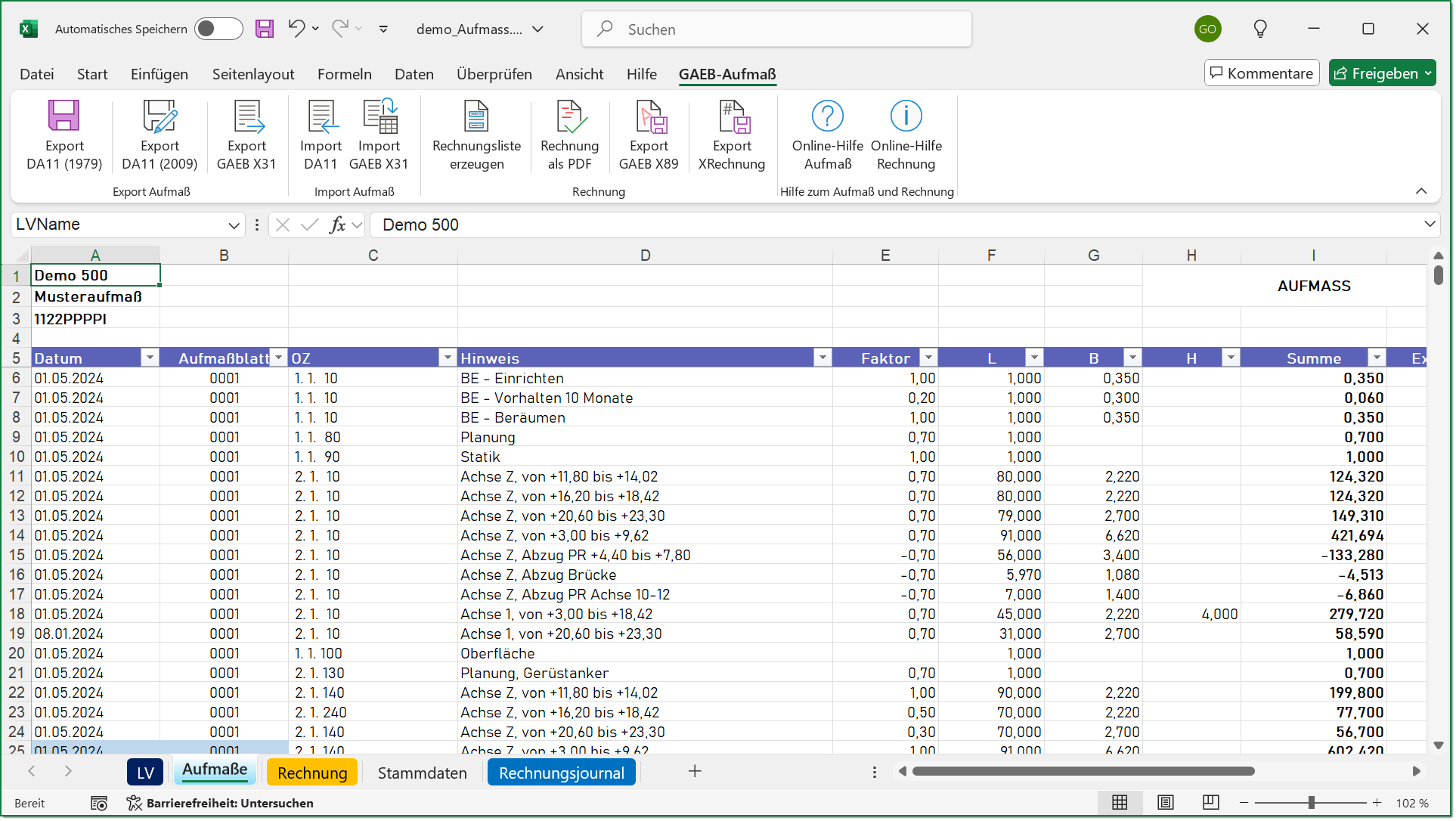 Aufmaße nach REB 23.003 mit Excel
