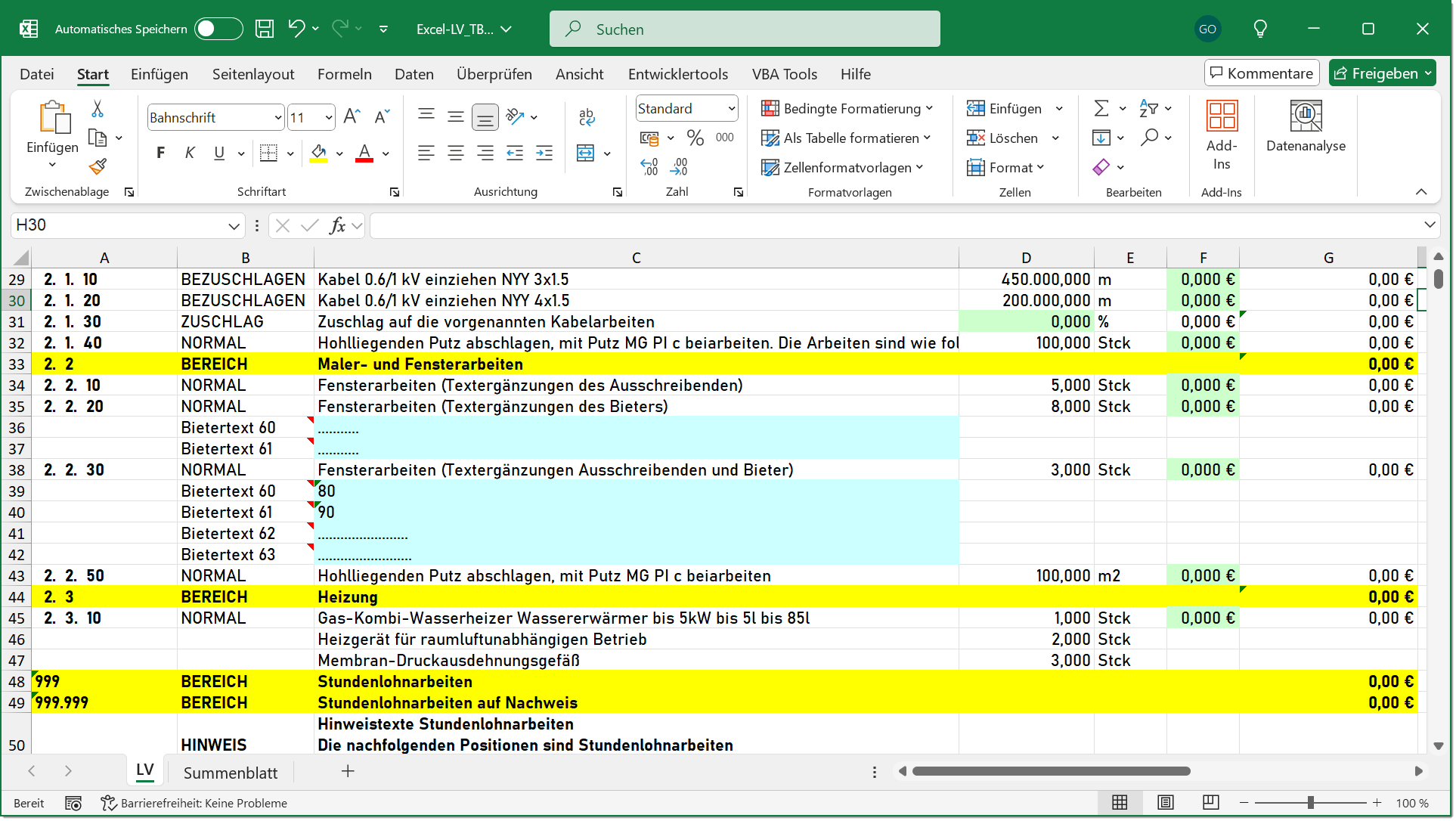 Working on GAEB in Excel