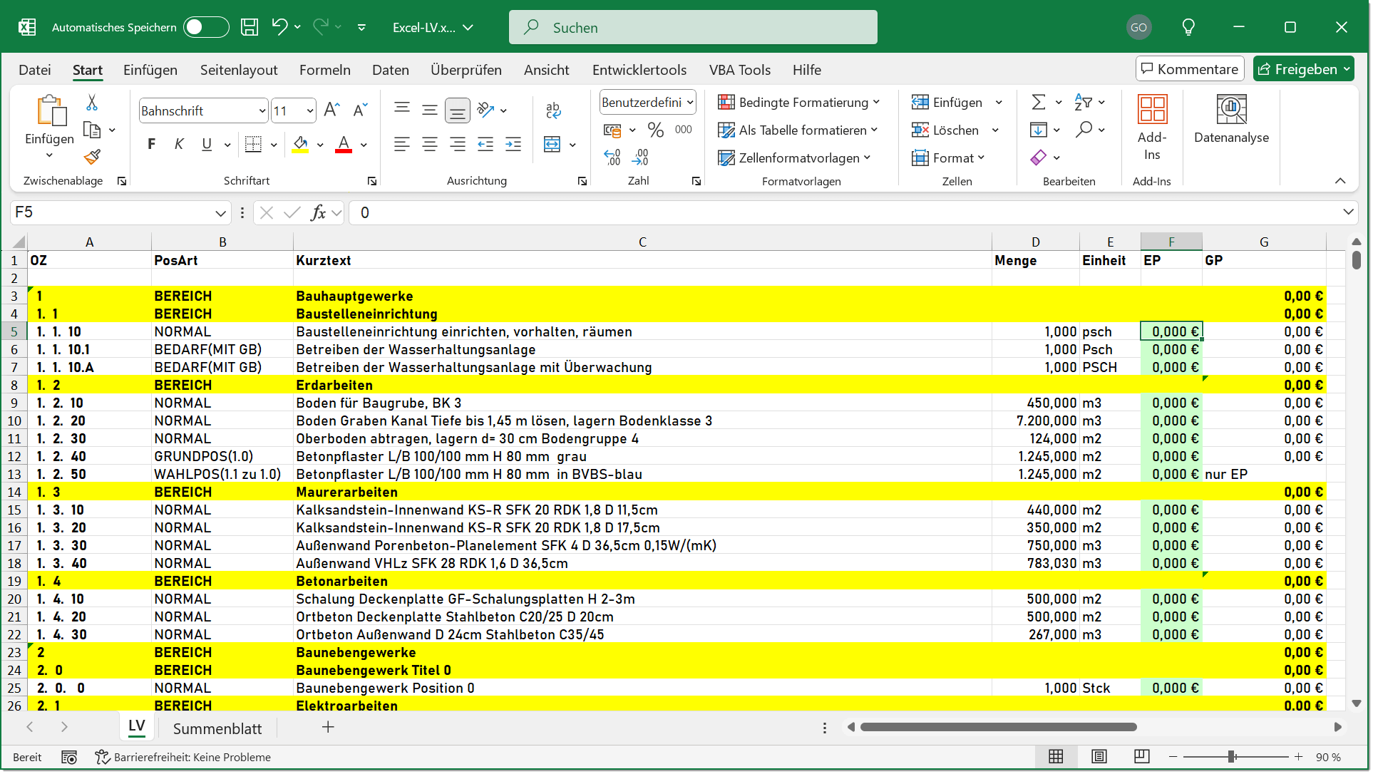 Entering prices in Excel