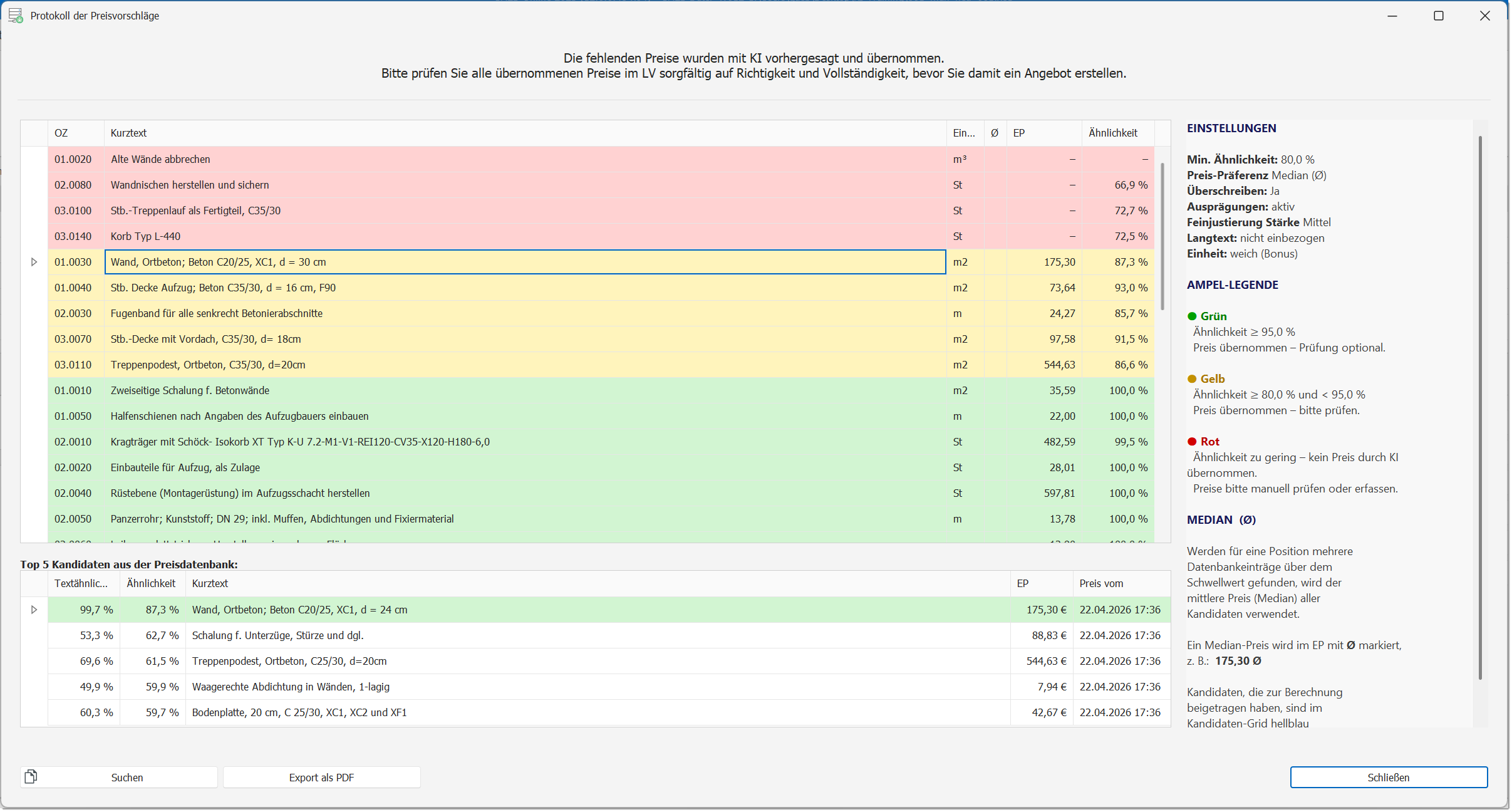 Protokoll des KI-PreisNavigators mit Konfidenzwerten, Semantik-Score und Vergleichspositionen je GAEB-Position
