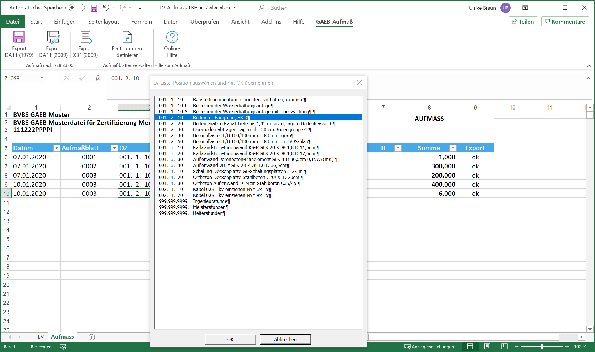 Blattnummer Excel-Aufma fr GAEB-Online 2025: Einfaches Aufma