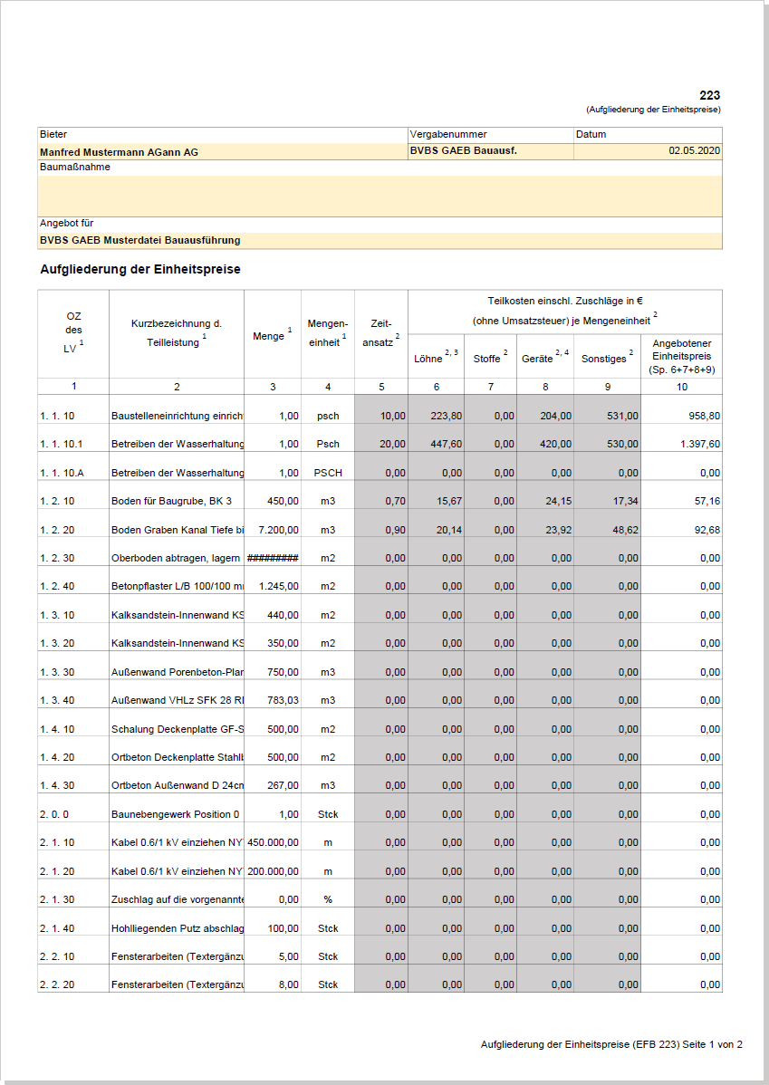 GAEB-Online 2025 EFB 223 - Aufteilung der Einheitspreise
